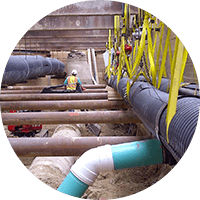 Suspended utilities being protected during construction