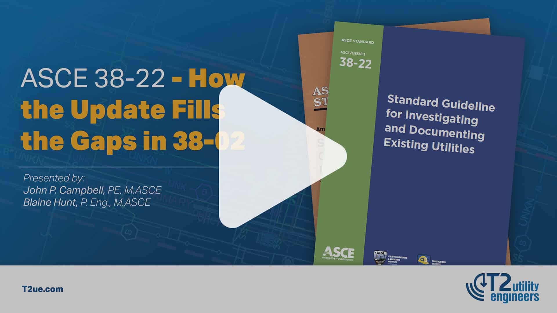 Webinar cover for ASCE 38-22 - How the Update Fills the Gaps in 38-02 with play button overlaid on top