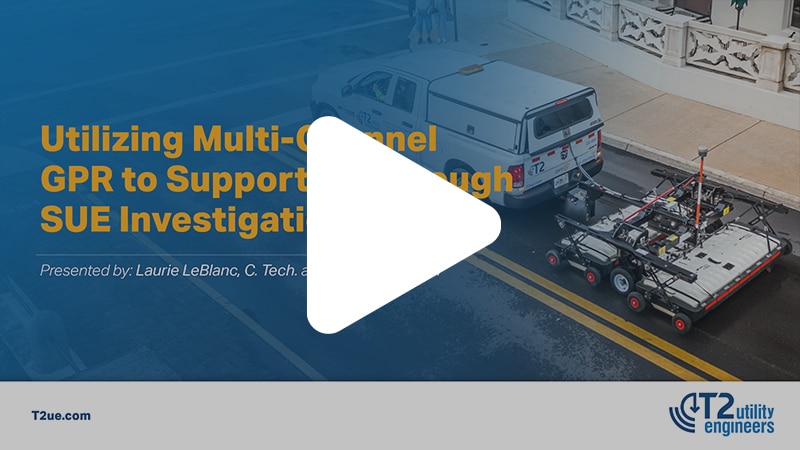 Couverture du webinaire "Utilizing Multi-Channel GPR to Support Thorough SUE Investigations" avec play but en surimpression